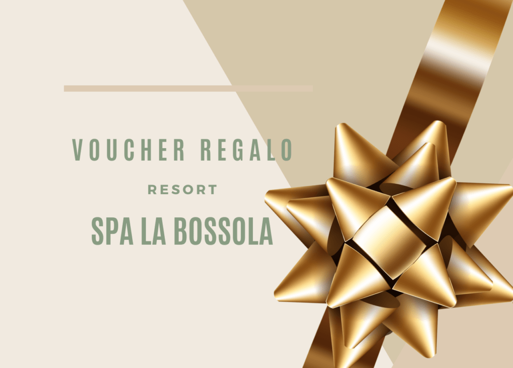 In questa info grafica, un fiocco regalo color rame su sfondo oro e beige riporta la scritta color verde malva scuro Voucher Regalo Resort Spa La Bossola.