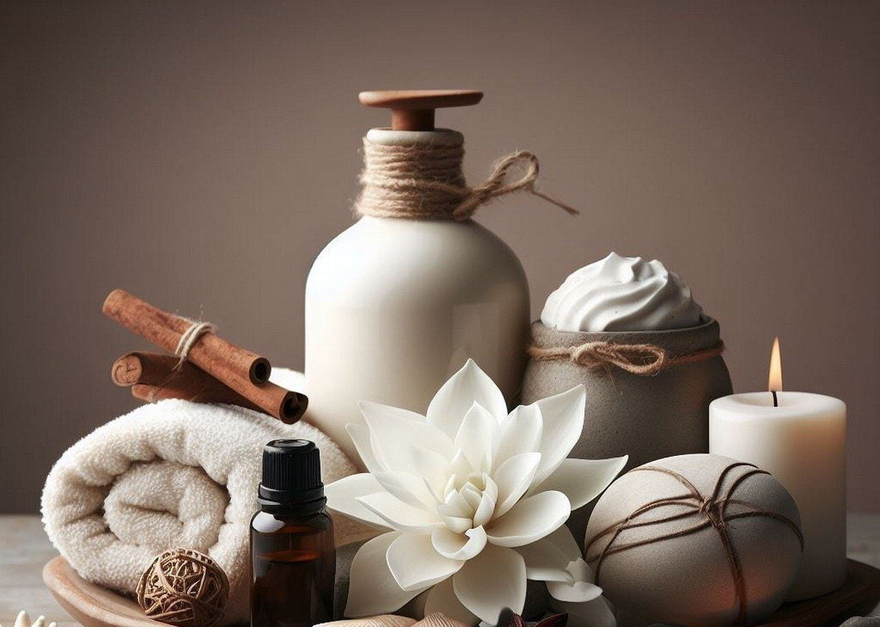 Nella fotografia si possono vedere appoggiati su di un tavolo di legno, sullo sfondo un muro color cacao, delle candele di cui una accesa, un fiore di loto bianco, un dispenser di oli, una boccettina di essenze naturali, un asciugamano bianco panno sul quale sono appoggiate legate con un cordino beige delle stecche di cannella.