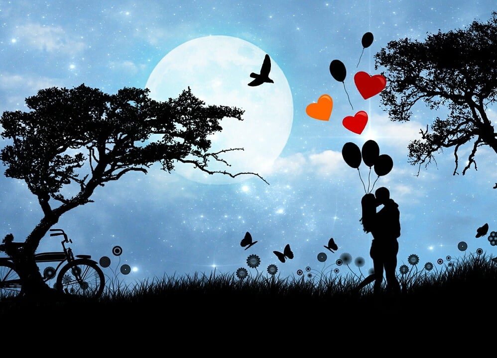 Nell'illustrazione su di un prato in un paesaggio notturno , una coppia di innamorati si bacia abbracciandosi sotto un cielo stellato e la luna piena.