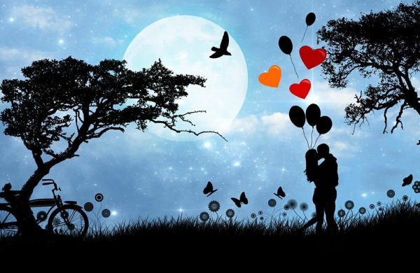 Nell'illustrazione su di un prato in un paesaggio notturno , una coppia di innamorati si bacia abbracciandosi sotto un cielo stellato e la luna piena.